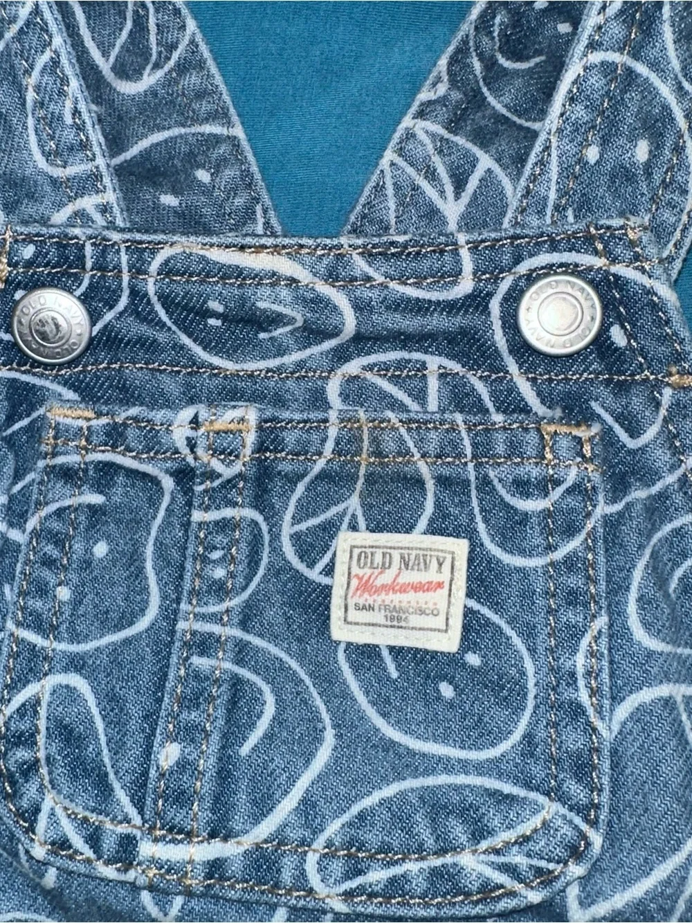 Old Navy Blue Denim Smiley & Leaf Print Short Overalls for Kids